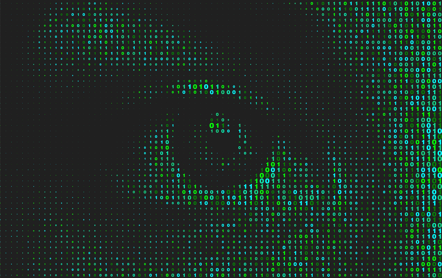 Artificial intelligence technology futuristic background. Green binary coding letters on black .